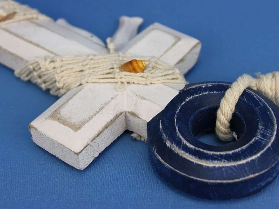 Wooden Rustic Blue/White Anchor w/ Hook Rope and Shells 13""