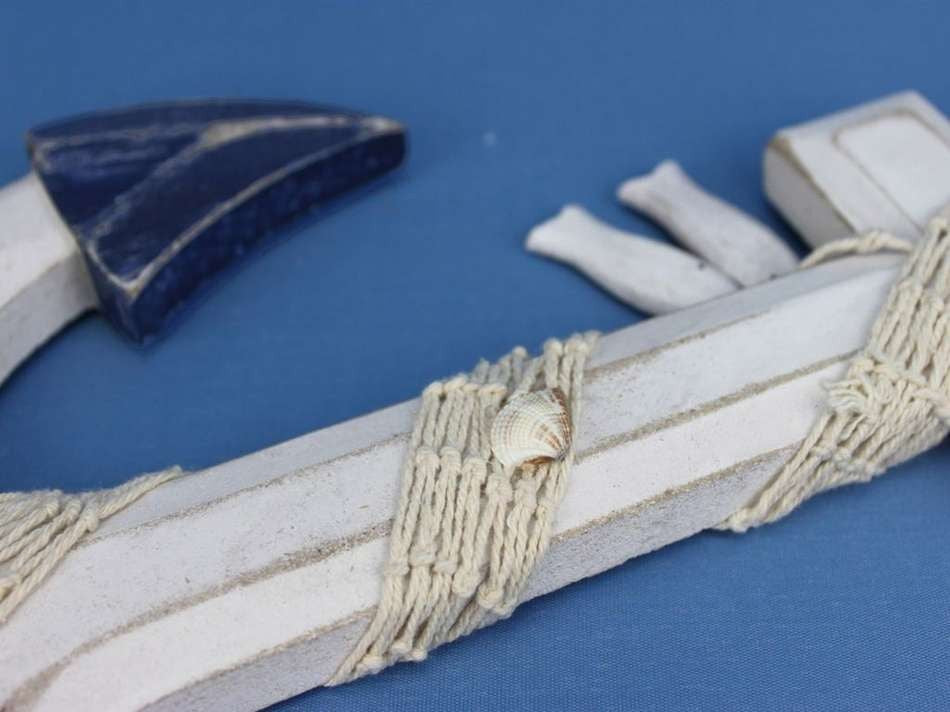 Wooden Rustic Blue/White Anchor w/ Hook Rope and Shells 13""