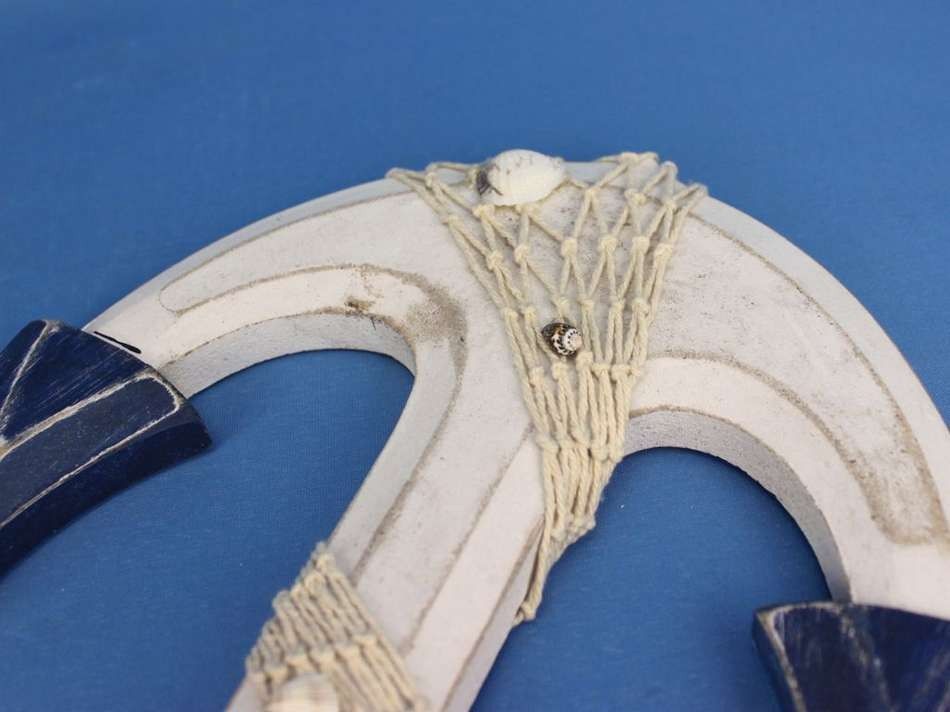 Wooden Rustic Blue/White Anchor w/ Hook Rope and Shells 13""