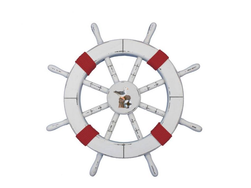 Rustic White Decorative Ship Wheel with Red Rope and Seagull 18""