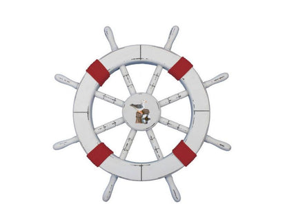 Rustic White Decorative Ship Wheel with Red Rope and Seagull 18""