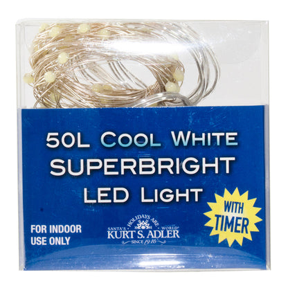 50-Light Battery-Operated Classic White Superbright LED Light Set - Clear Wire