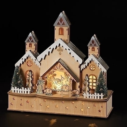 LED Wooden Church with Nativity Scene - 12 inch