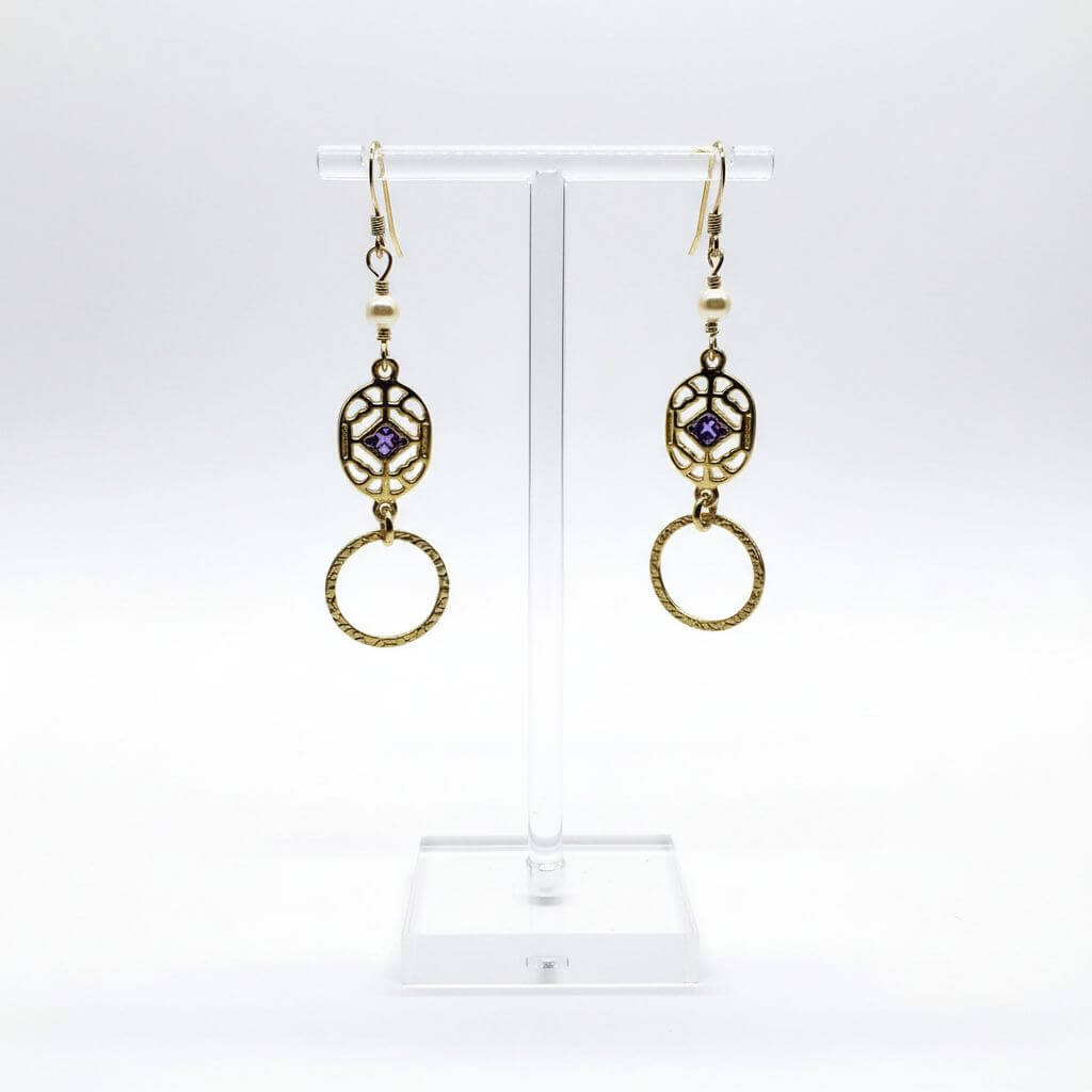 14 K Gold Filled Purple Crystal Circle Filigree Earrings