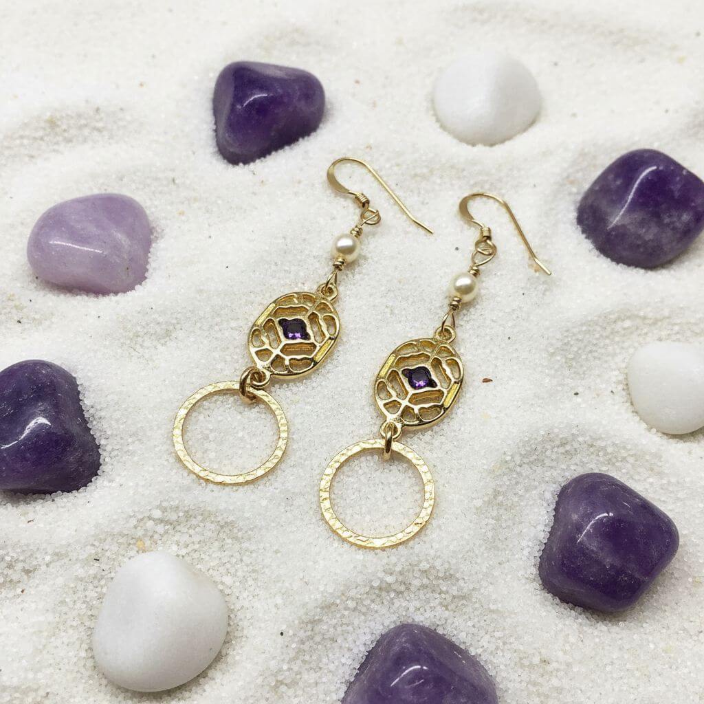 14 K Gold Filled Purple Crystal Circle Filigree Earrings
