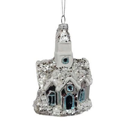 Glass Snowy Church Ornament -