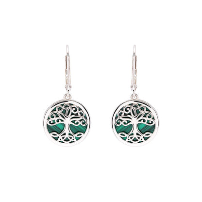 Green Malachite Sterling Silver Tree of Life Drop Earrings