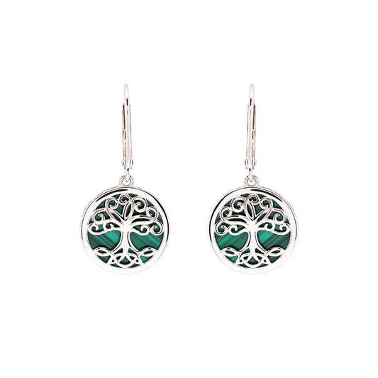 Green Malachite Sterling Silver Tree of Life Drop Earrings